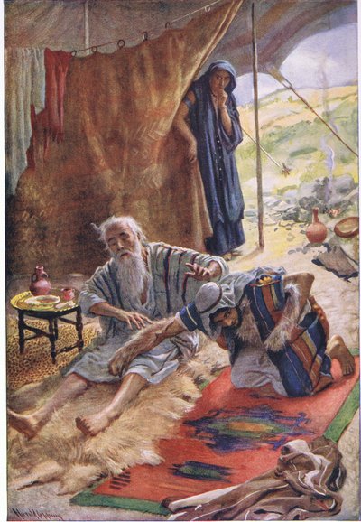 Izaak błogosławi swojego syna Jakuba, ilustracja z serii „Obrazki, które uczą koronę”, 1920 autorstwa Harold Copping