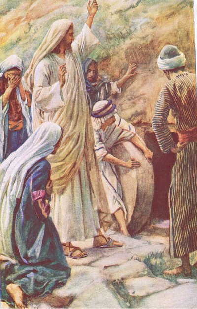 Jezus wskrzesza Łazarza z martwych, ilustracja z Harold Copping Pictures: The Crown Series, ok. 1920 autorstwa Harold Copping
