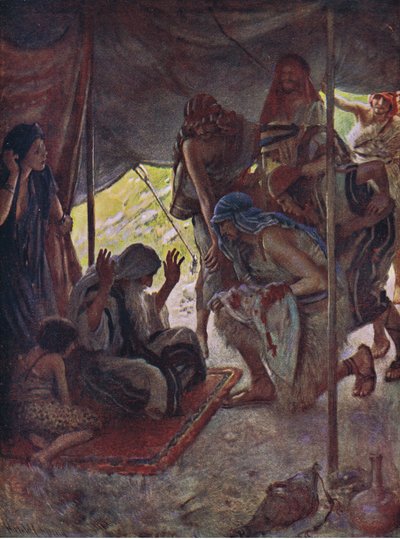 Płaszcz Józefa przyniesiony do Jakuba, ilustracja z serii „Obrazki, które uczą koronę”, 1920 autorstwa Harold Copping