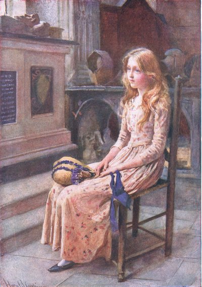 Mała Nell w starym kościele, ilustracje do „Szkiców postaci z Dickensa” opracowanej przez B.W. Matz autorstwa Harold Copping