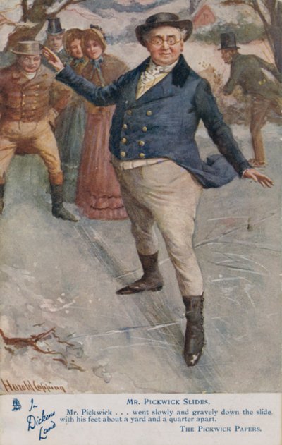 Pan Pickwick ślizgający się po lodzie, scena z powieści Charlesa Dickensa The Pickwick Papers (kolor lito) autorstwa Harold Copping