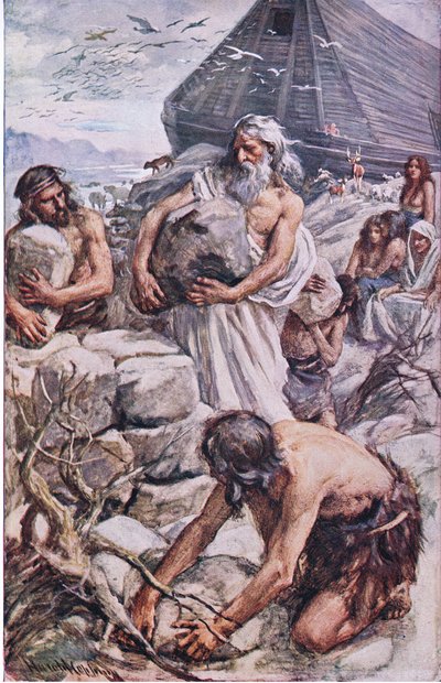 Noe budujący swój ołtarz, ilustracja z serii „Obrazki, które uczą koronę”, 1920 autorstwa Harold Copping