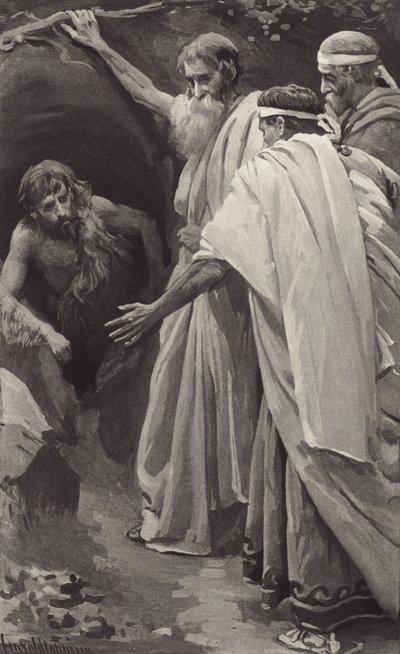 Teraz go usilnie błagają, ze łzami w oczach błagają, aby powrócił i ocalił to miasto”. autorstwa Harold Copping