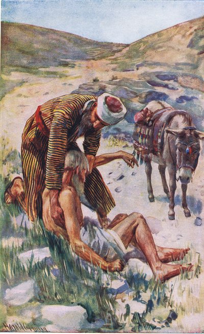 Dobry Samarytanin, ilustracja z Harold Copping Pictures: The Crown Series, ok. 1920 autorstwa Harold Copping