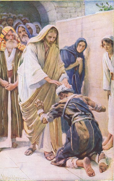 Uzdrowienie trędowatego, ilustracja z Harold Copping Pictures: The Crown Series, ok. 1920 r. autorstwa Harold Copping