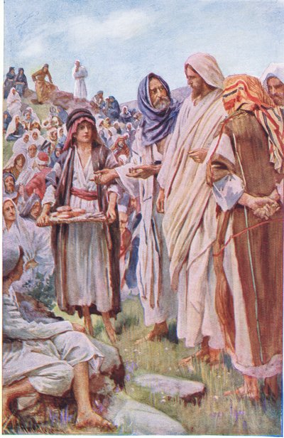 Bochenki i ryby, ilustracja z Harold Copping Pictures: The Crown Series, ok. 1920 r. autorstwa Harold Copping