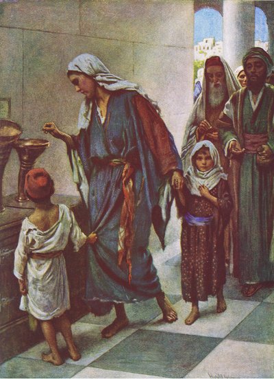 Dar biednej kobiety, ilustracja z Harold Copping Pictures: The Crown Series, ok. 1920 autorstwa Harold Copping