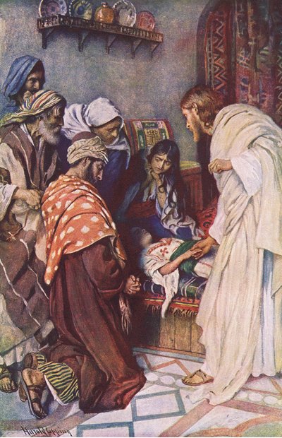 Wychowanie córki Jaira, ilustracja z Harold Copping Pictures: The Crown Series, ok. 1920 autorstwa Harold Copping