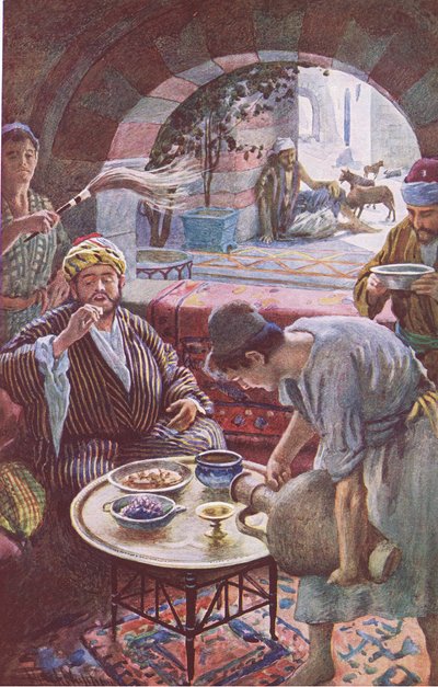Bogacz i Łazarz, ilustracja z filmu Harold Copping Pictures: The Crown Series, ok. 1920 r. autorstwa Harold Copping