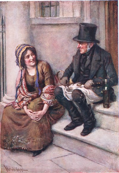 Trotty Veck i jego córka Meg, ilustracja do „Character Sketches from Dickens” opracowanej przez B.W. Matz autorstwa Harold Copping