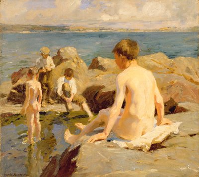 Na skałach w pobliżu Newlyn (olej na płótnie) autorstwa Harold Harvey
