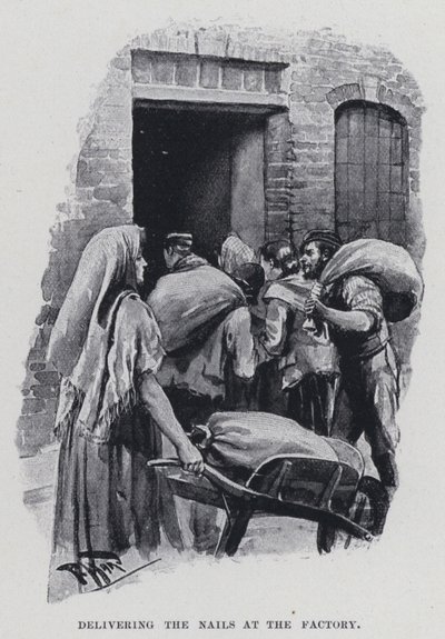 Dostawa gwoździ w fabryce (zdjęcie czarno-białe) autorstwa Harold Hume Piffard