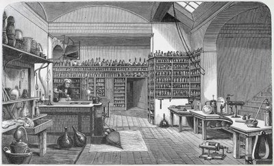 Michael Faraday (1791-1867) w swoim laboratorium w piwnicy, z książki Henry