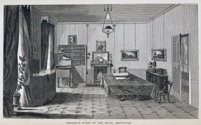 Studium Michaela Faradaya na drugim piętrze The Royal Institution, z książki „Życie i listy Faradaya” Henry