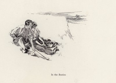 Para w romantycznym uścisku w bunkrze na polu golfowym (litho) autorstwa Harrison Fisher
