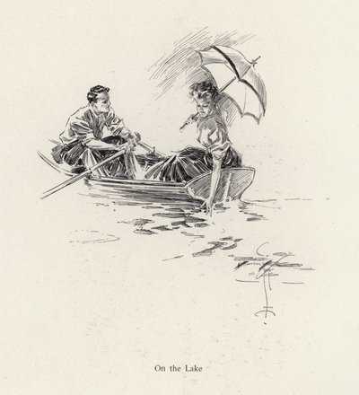 Mężczyzna i kobieta w łodzi wiosłowej na jeziorze (litho) autorstwa Harrison Fisher