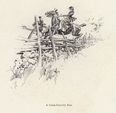 Mężczyzna i kobieta na koniu podczas biegu przełajowego (litho) autorstwa Harrison Fisher