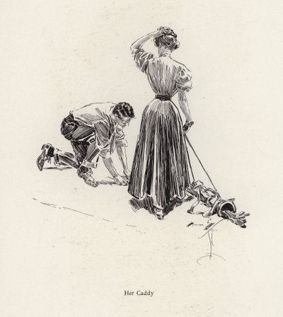 Mężczyzna asystujący kobiecie na polu golfowym (litho) autorstwa Harrison Fisher