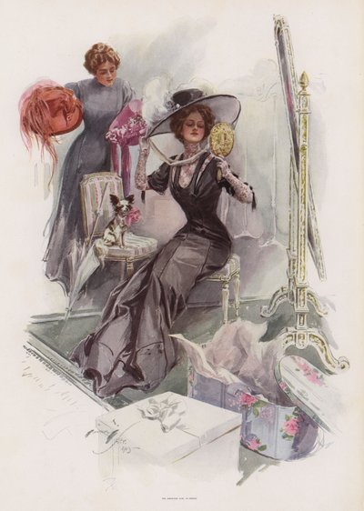 Młoda Amerykanka przymierzająca kapelusze u francuskich modystek (kolor litho) autorstwa Harrison Fisher