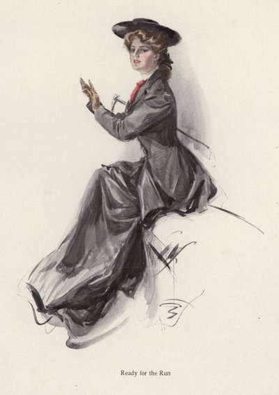 Młoda kobieta przygotowuje się do jazdy konnej (kolor litho) autorstwa Harrison Fisher