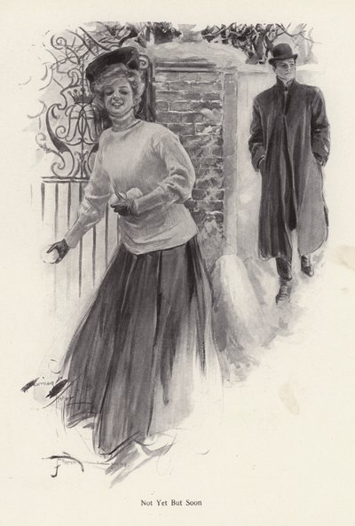 Młoda kobieta czeka, by rzucać śnieżkami w mężczyznę (lito) autorstwa Harrison Fisher
