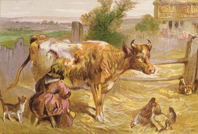 Stara Nancy dojąca krowę (kolorowa litografia) autorstwa Harrison William Weir