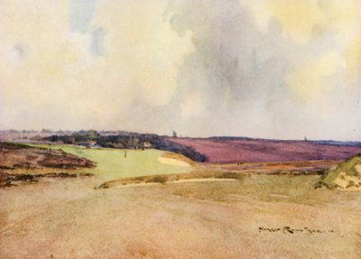 Pola golfowe: Walton Heath, drugi strzał przy siódmym dołku (kolorowa litografia) autorstwa Harry (1878-1950) Rountree