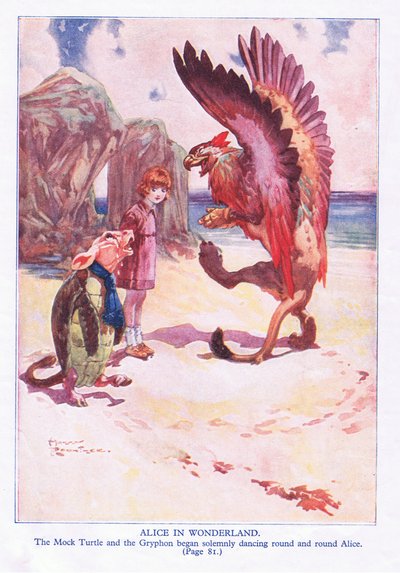 Niby żółw i Gryphon zaczęli uroczyście stawać twarzą w twarz z Alice (kolor lito) autorstwa Harry Rountree
