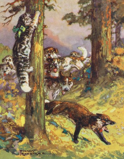 Bajki Ezopa: Kot i lis (kolorowa litografia) autorstwa Harry (1878-1950) Rountree