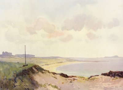 Pola golfowe: North Berwick, drugi tee (kolorowa litografia) autorstwa Harry (1878-1950) Rountree