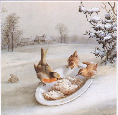 Robins and Wrens: zimowe śniadanie, pocztówka autorstwa Harry Bright