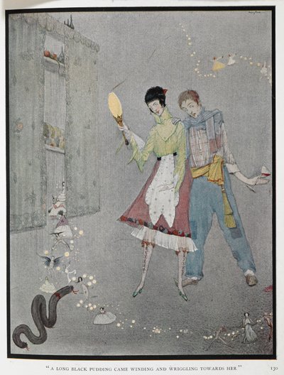 „Długa kaszanka leciała wijąc się w jej stronę.” Ilustracja do opowiadania „Śmieszne życzenia”. Harry, drwal i jego żona Fanny, właśnie przez pomyłkę złożyli życzenie. autorstwa Harry Clarke
