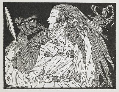Ilustracja do opowiadania „Kopciuszek”. Kobieta patrząca na swoje odbicie w ręcznym lusterku autorstwa Harry Clarke
