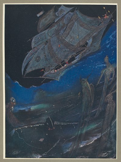 Ilustracja przedstawiająca statek na morzu i ryby pod nim. autorstwa Harry Clarke