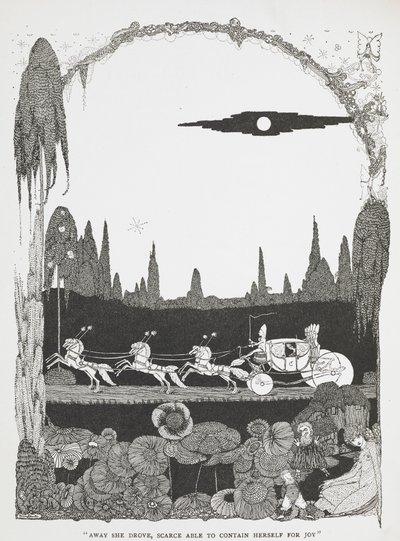 „Odjechała, nie mogąc powstrzymać się od radości”. Ilustracja do opowiadania „Kopciuszek, czyli szklany pantofelek”. autorstwa Harry Clarke
