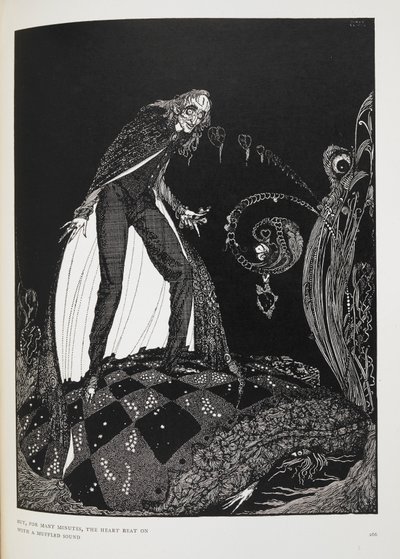Ale przez wiele minut serce biło stłumionym dźwiękiem”. Ilustracja do opowiadania „Serce opowiadające”. Narrator dusi staruszka we własnym łóżku. autorstwa Harry Clarke
