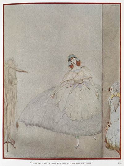 „Ciekawość kazała mu przyłożyć oko do dziurki od klucza”. Ilustracja do opowiadania „skóra osła”. Księżniczka szpiegowana przez księżniczkę. autorstwa Harry Clarke