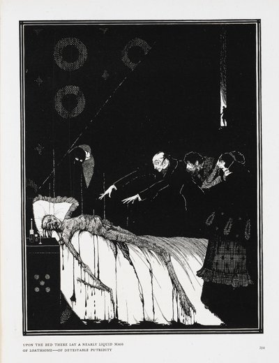 Z łóżka leżała prawie płynna masa obrzydliwej, obrzydliwej zgnilizny. Ilustracja do opowiadania, „Fakty w sprawie M. Valdemara”. autorstwa Harry Clarke