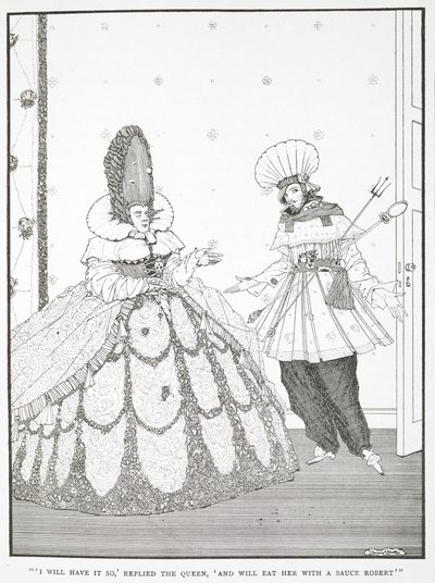 „Tak zrobię” – odpowiedziała królowa – „i zjem ją z sosem Robert”. Ilustracja do opowiadania „Śpiąca królewna w lesie”. autorstwa Harry Clarke