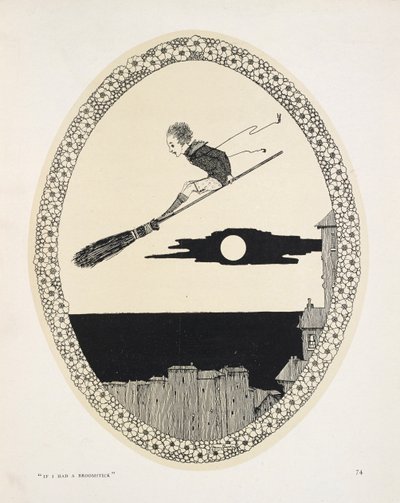 „Gdybym miał miotłę”. Ilustracja do wiersza Patricka R. Chalmersa. Chłopiec na miotle autorstwa Harry Clarke