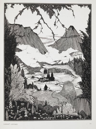 Ilustracja do opowiadania „Chata Landora”. Krajobraz górski. autorstwa Harry Clarke