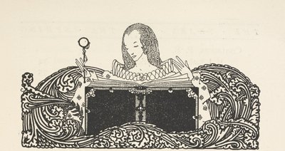 Ilustracja przedstawiająca kobietę czytającą książkę, u góry strony ze spisem treści. autorstwa Harry Clarke