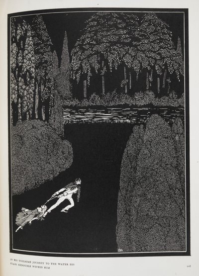 Podczas jego żmudnej podróży do wody jego lęki podwajają się wraz z nim”. Ilustracja do opowiadania „Tajemnica Marii Roget”. autorstwa Harry Clarke