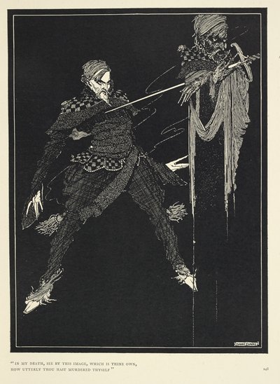 „W mojej śmierci zobacz na tym obrazie, który jest twoim własnym, jak całkowicie się zamordowałeś”. Sobowtór narratora w „William Wilson”, The Gift (1839). autorstwa Harry Clarke