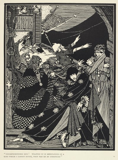„Niezrozumiałi ludzie! Pogrążeni w medytacjach, których nie mogę odgadnąć, mijają mnie niezauważeni”. Ilustracja do opowiadania „Pani. w butelce”. autorstwa Harry Clarke