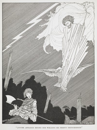 „Jowisz pojawił się przed nim, dzierżąc swoje potężne pioruny”. Ilustracja do „śmiesznych życzeń”. autorstwa Harry Clarke