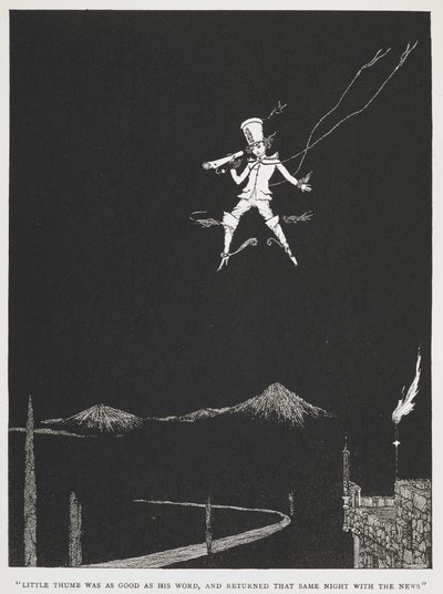 „Mały kciuk dotrzymał słowa i wrócił tej samej nocy z wiadomością”. Posłaniec lecący po nocnym niebie. Ilustracja do opowiadania „mały kciuk”. autorstwa Harry Clarke