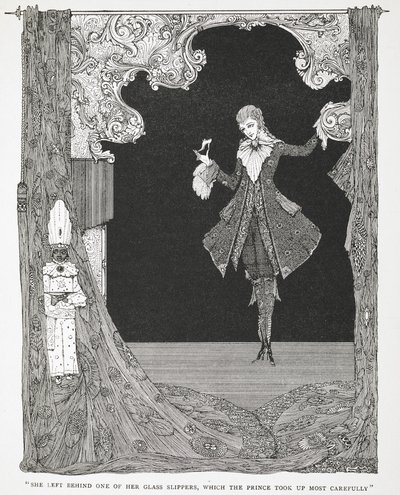 „Zostawiła jeden ze swoich szklanych pantofelków, który Książę wziął najstaranniej”. Ilustracja do opowiadania „Kopciuszek” czyli „Szklany pantofelek”. autorstwa Harry Clarke