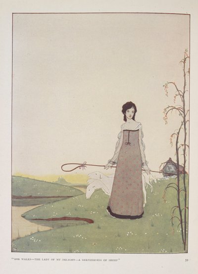 „Ona idzie – pani mojej rozkoszy – pasterka owiec”. Ilustracja do Pasterki autorstwa Alice Meynell. autorstwa Harry Clarke