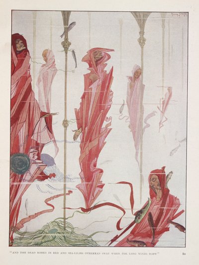 Umierający patriota. „I zmarli ubrani w czerwień, a nad nimi liliowce morskie   kołysać się, gdy wieją długie wiatry” autorstwa Harry Clarke